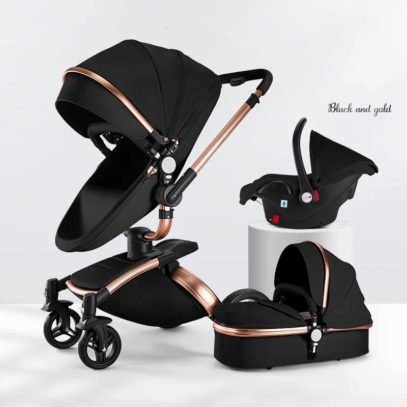 Luxury Leather Baby Stroller 3 In 1 Bassinet Car Set High View Pram Foldable Pushchairs