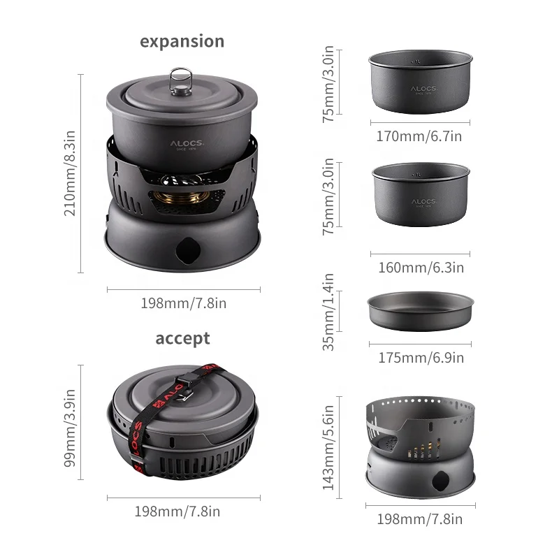 Kingpool 9 Pcs Aluminum Camping Equipment Cooking Pots Pans and Stove Mess Kit Portable Outdoor Cookware Set with Alcohol Stove