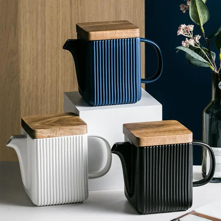 Square Straight Grain Coffee Cup Set Wood Cover Creative Ceramic Tea Set With Saucer Coffee Tea Pot and Cups