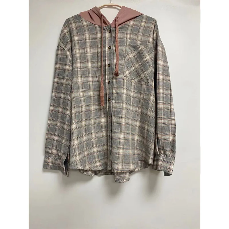 ZACAVIA Sweet Girls 2022 Autumn New Hooded Jacket Loose Button Casual Shirt Coat Fashion Female Candy Color Plaid Outerwear