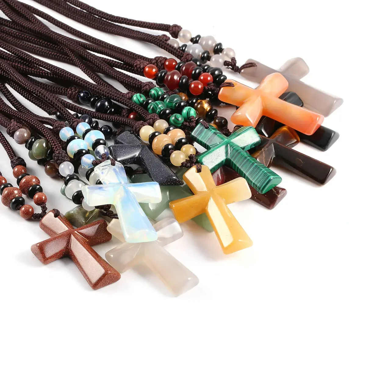 Handmade Cord String Catholic Religion Prayer Gift Natual Stone Jade Tiger Eye Cross Pendant Necklaces