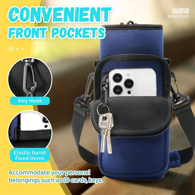 Holder sleeve water bottle 2 pockets neoprene sleeve water bottle carrier holder bag with shoulder