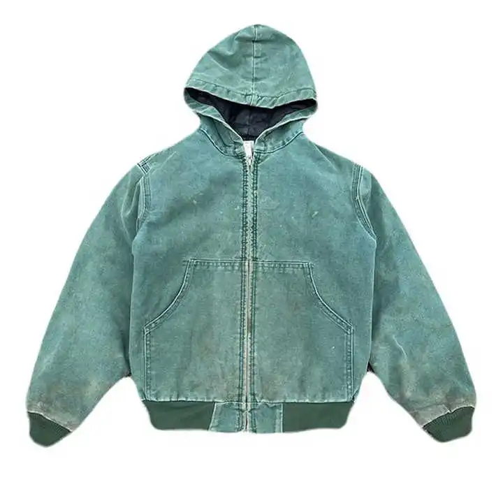Custom 100% Cotton Duck Canvas Work Jacket With Lined Oversized Heavy Weight Faded Worker Jacket Zip Up Acid Wash Jacket