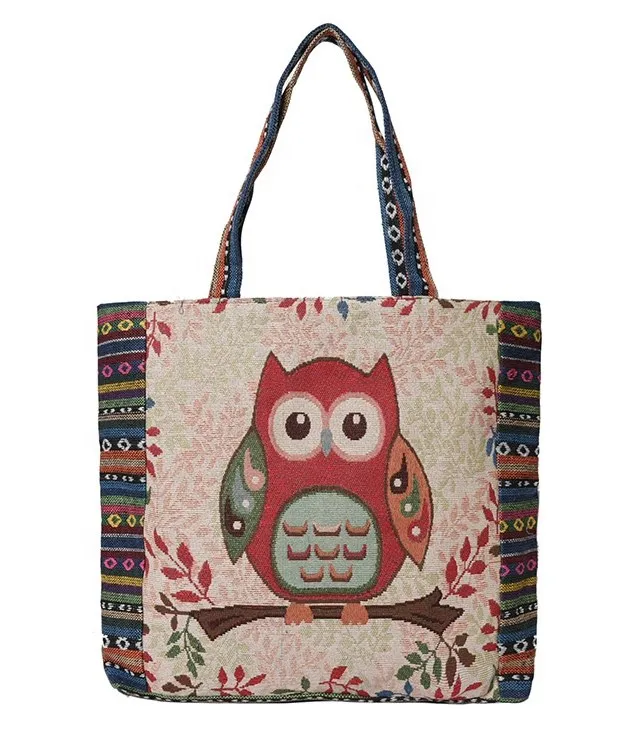 Wholesale Custom New Style Linen Shoulder Bag Yarn-Dyed Cartoon Pattern Large Capacity Handbag Recycled Tote Beach Bag