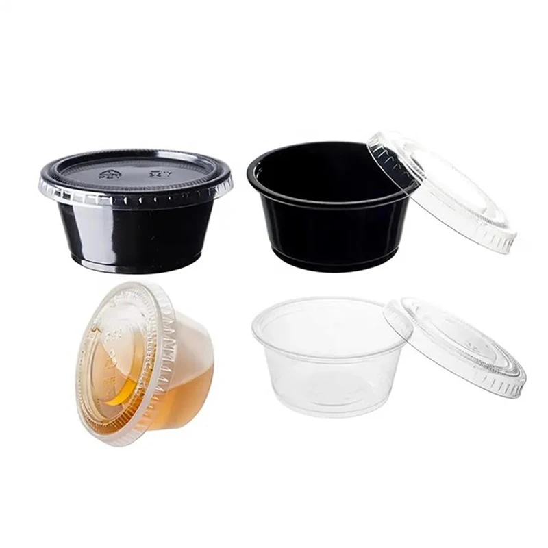 Custom 0.75 Oz 1oz 1.5oz 2oz 4oz Plastic Clear Black Pp Takeaway Mini Disposable Souffle Sauce Portion Cup With Lids