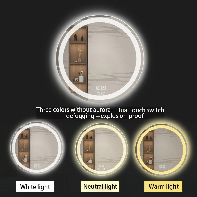 Modern LED mirror bathroom round handwashing toilet makeup smart mirror fog removal hanging wall three-color light mirror