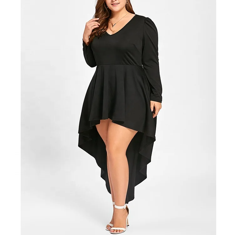 Fashionable Plus Size Sexy Lady Long Sleeve Evening Party Dresses V-neck Tea-lengthpleat Ruched Women Dress