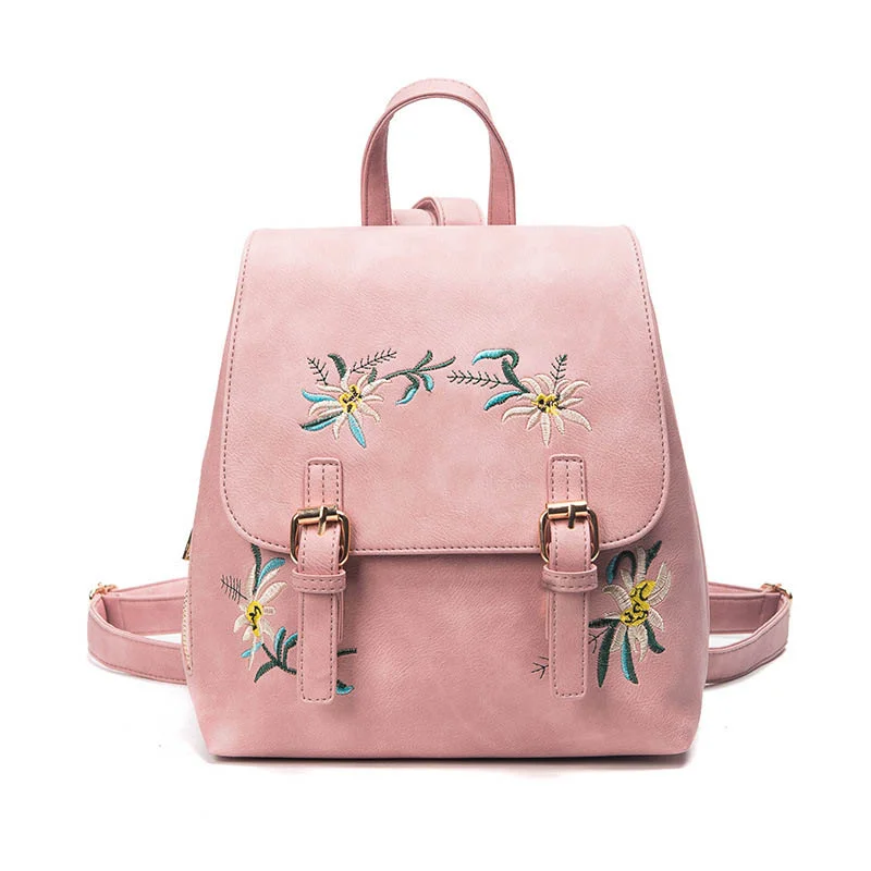 Custom Fashion leather  Women Backpack Leather Ethnic Style Flowers Embroidery Ladies School Bag