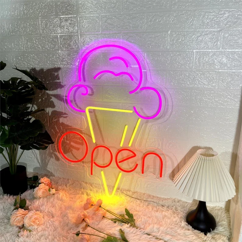 Outdoor indoor waterproof neon light led custom ice cream neon sign store logo with low price open neon sign