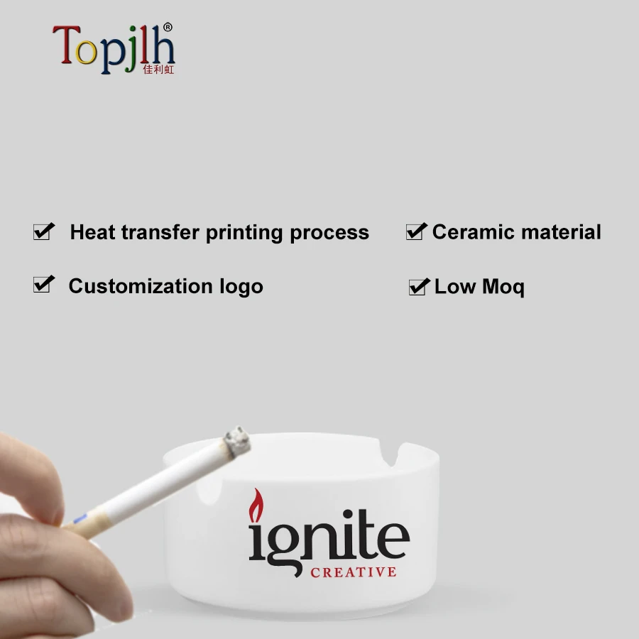Topjlh round shape sublimation blank custom printed white ceramic cigarette ashtray