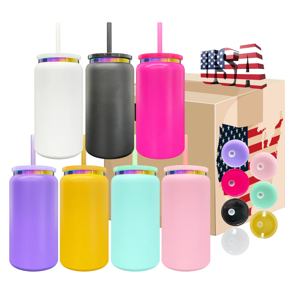 Rainbow Plated 16oz Stainless Steel Mug With Lid and Straw for Laser Engraving Powder Coated Tumbler Beer Can Shaped Drinkware
