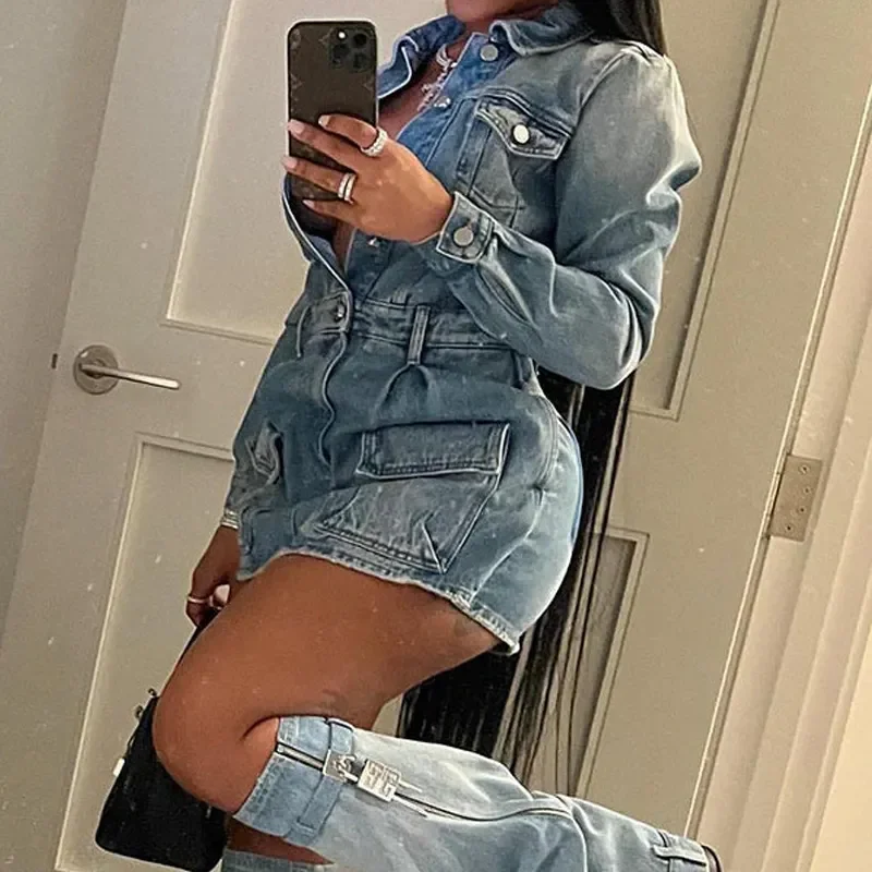 2024 Fashion Designer Long Sleeves Ladies Light Blue Cargo StreetWear Washed Denim Short Dress Women