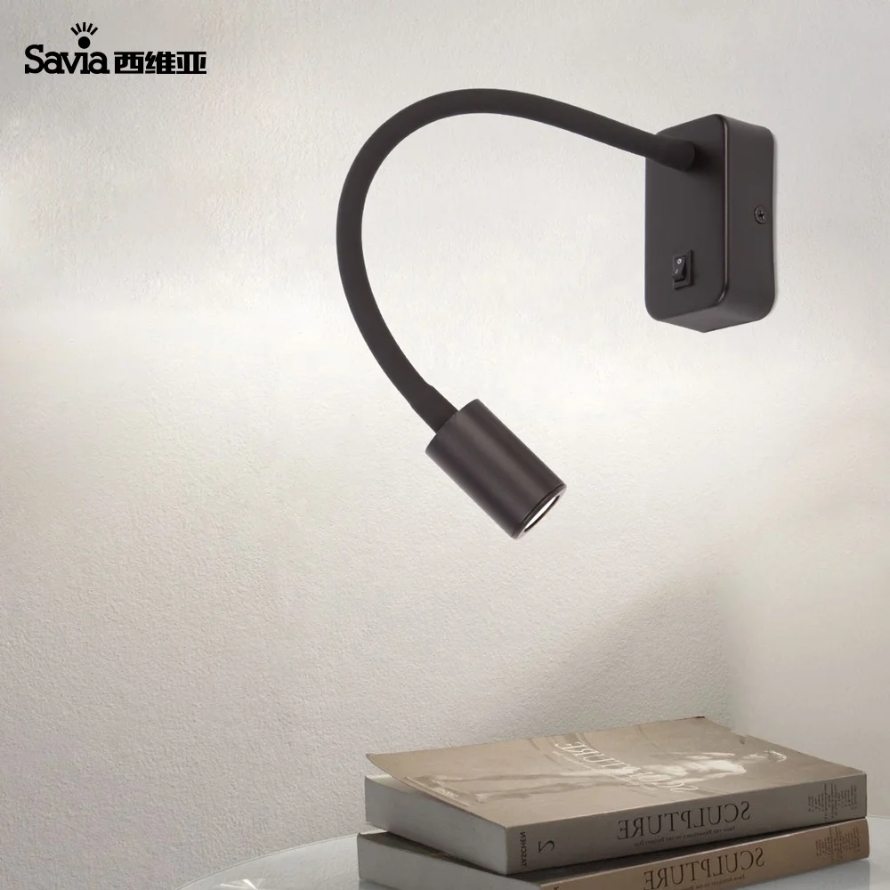 Savia Flexible Rotatable 360 Adjustable Gooseneck Reading Light LED 3W Modern Aluminum Surface Wall Mounted Bedside Lamp Hotel