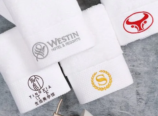 Custom gold thread embroidered logo 100% cotton five star hotel face bath towel set