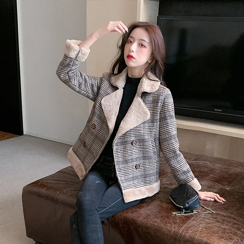 Fleece Coat Ladies Short Jacket Korean Loose New Autumn Winter Fashion Thick Plaid Faux Lamb Wool Coat Women Jacket