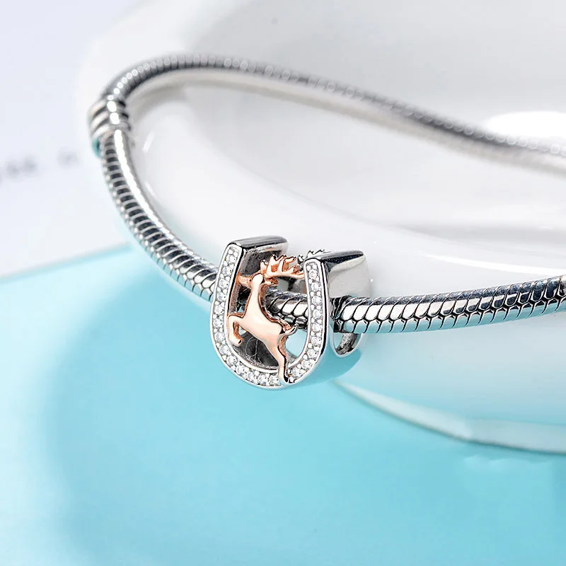  925 Sterling silver zircon pave horseshoe deer charms beads fit bracelet making for