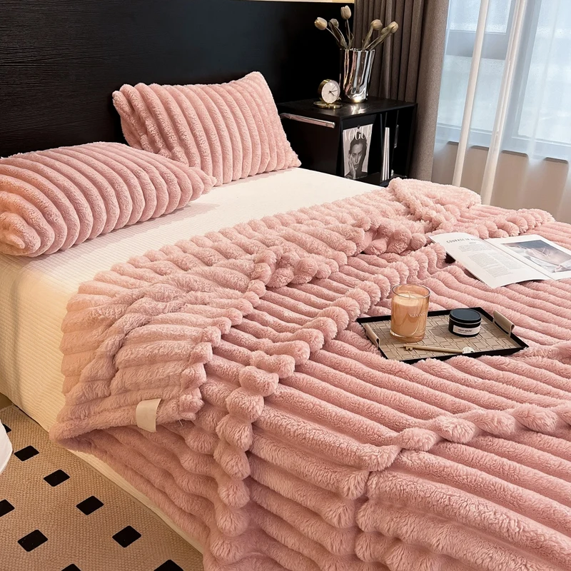 Wholesale luxury faux double layer reversible colorful weighted adult angora fur striped flannel fleece throw blanket