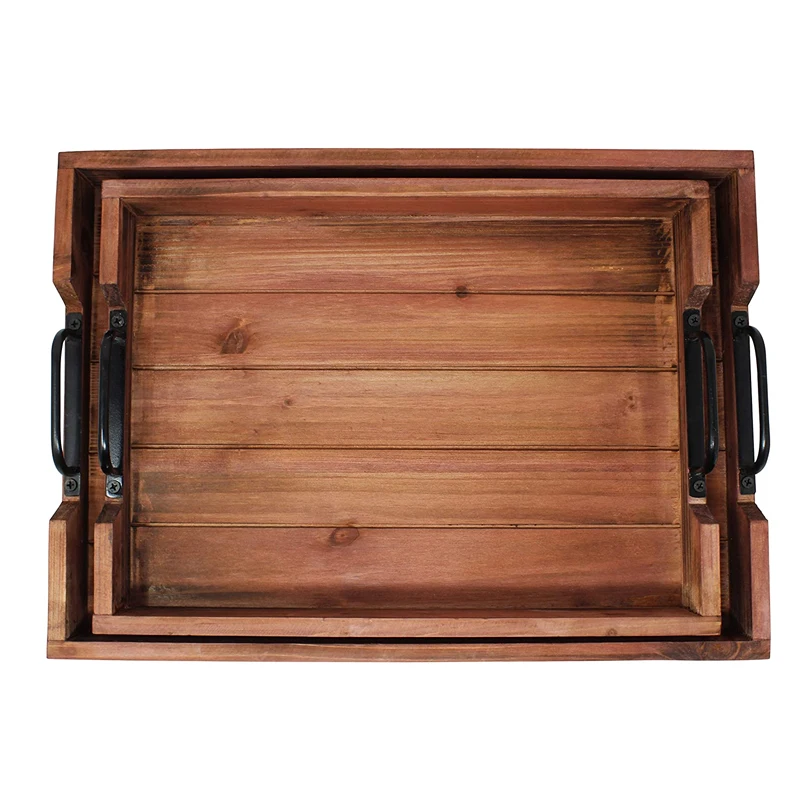 
Set of 2 Bamboo Serving Tray Set Wood Nesting Trays For Kitchen 