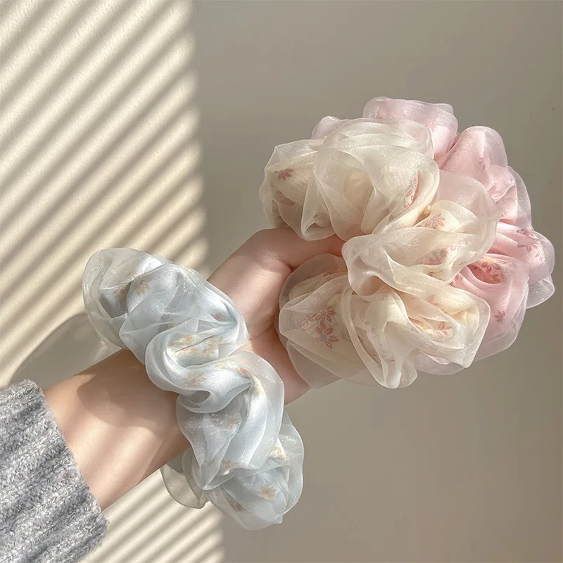 Elegant big mesh flower printing new organza scrunchies hot sale fashion elastic hair scrunchies pink for women girls