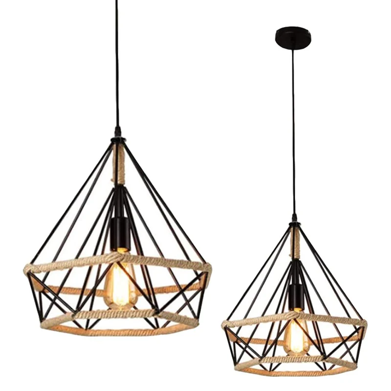 Vintage Metal Tradition Pendant Light Industrial Hemp Rope Hanging Lamp Woven Chandelier