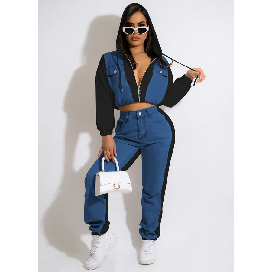Custom denim hoodies sets women velvet 2 piece set jogger sweat suits sweatsuit denim lady tracksuit with hood for women