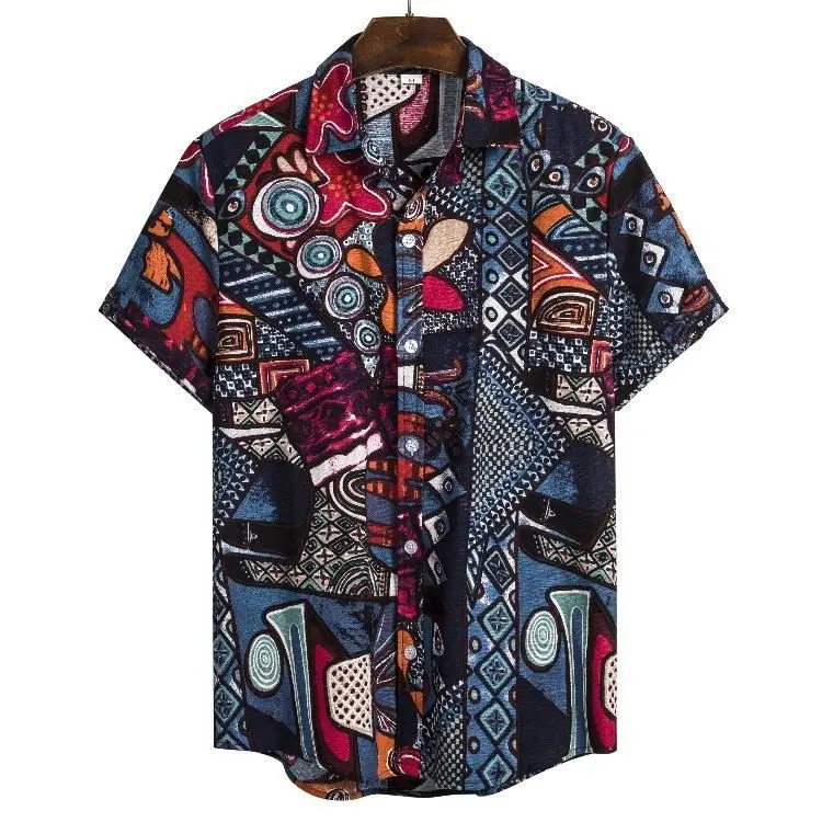 New Fashion Men Summer Ethnic Printing Flax Bohemia Button Lapel Short Sleeve Tops Blouse Casual Beach Shirt
