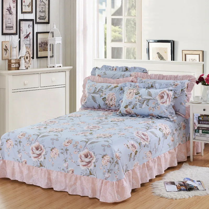 Factory Supply 100% Cotton Floral Plant Printed Bed Cover Bed Skirt Bed Skirts With 2 Pillowcases