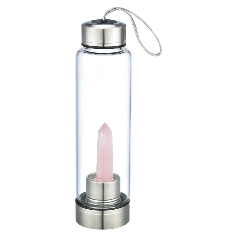 
400ml,500ml Whosale Natural Rose Gravel stone/Rose Quartz Infused Gemstone crystal Points holy Borosilicate Glass Water Bottle 