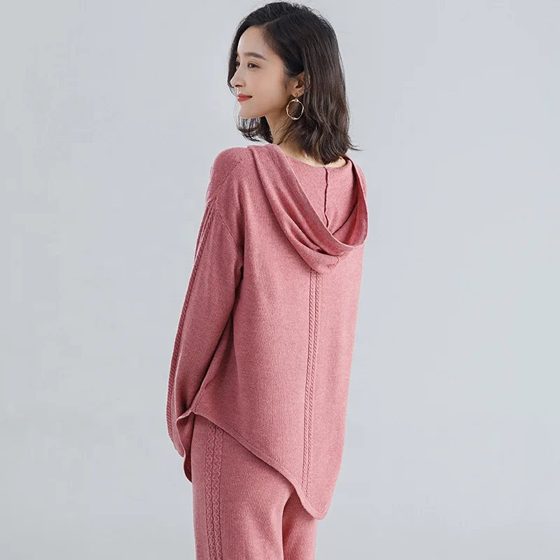 
B61565A 2019 large size loose pure color casual suit wool blend warm knitting suit women wholesale 