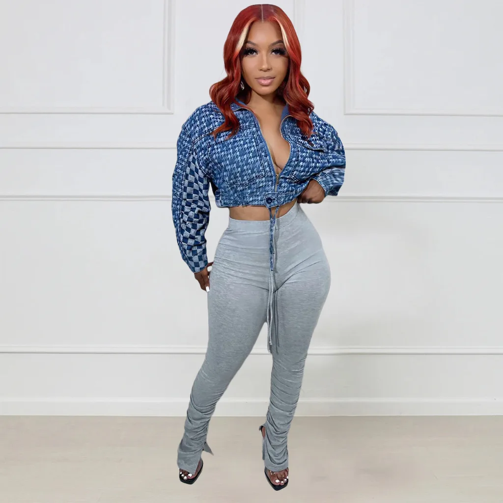 Winter Fall Women Clothes High Quality Woman Denim Jean Jacket Zip Up Plaid Ladies Fashion Streetwear Heavyweight Jean Coats