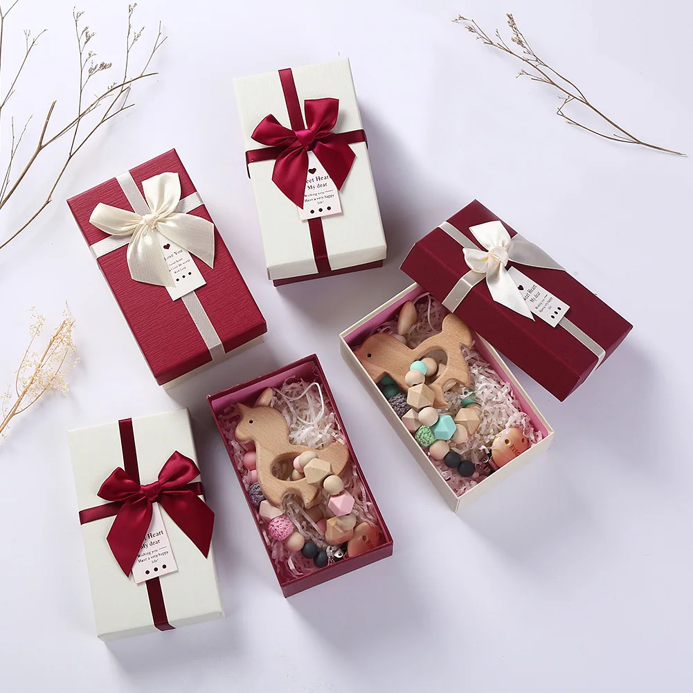 MU 2Pcs/Set Unicorn Design Baby Rattle Crochet Wooden Silicone Beads Teether Baby Teething Ring Toys Gift Box