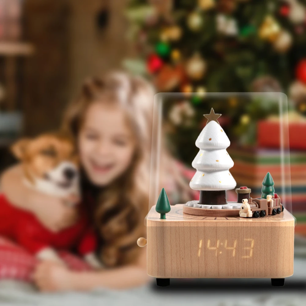 Dolphin Industry BR Custom Christmas Orgel Clock Music Boxes Wind Up Wood Music Box With Rotating Small Train And Time Display