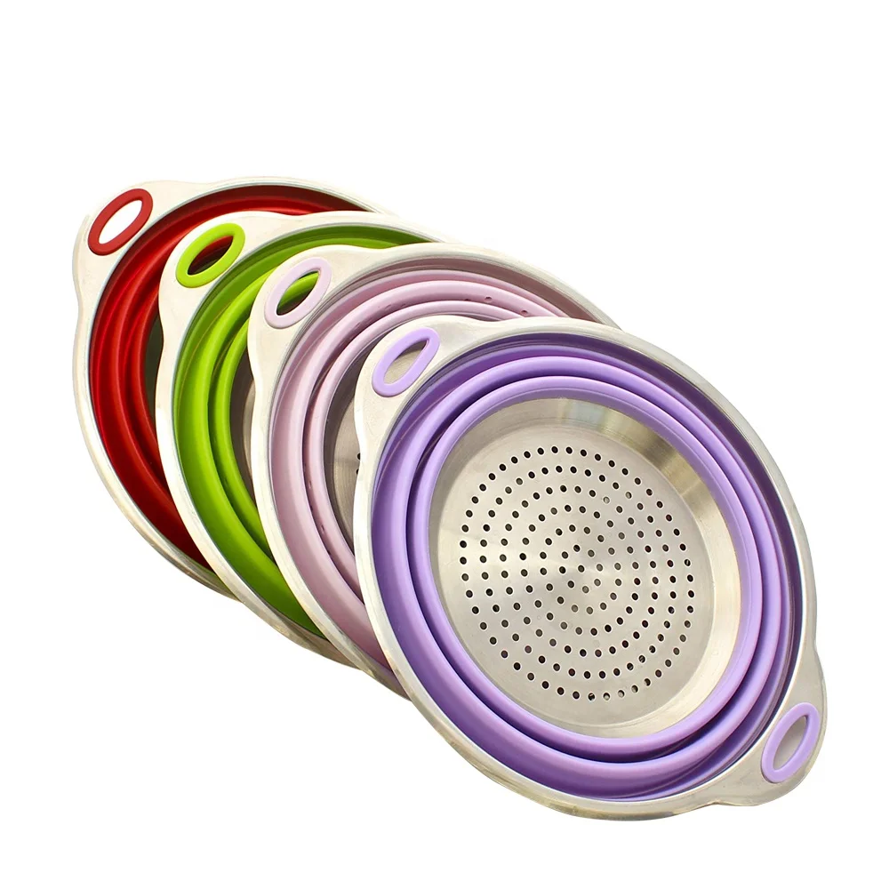 NEW DESIGN foldable silicone stainless steel collapsible colander vegetable kitchen strainer