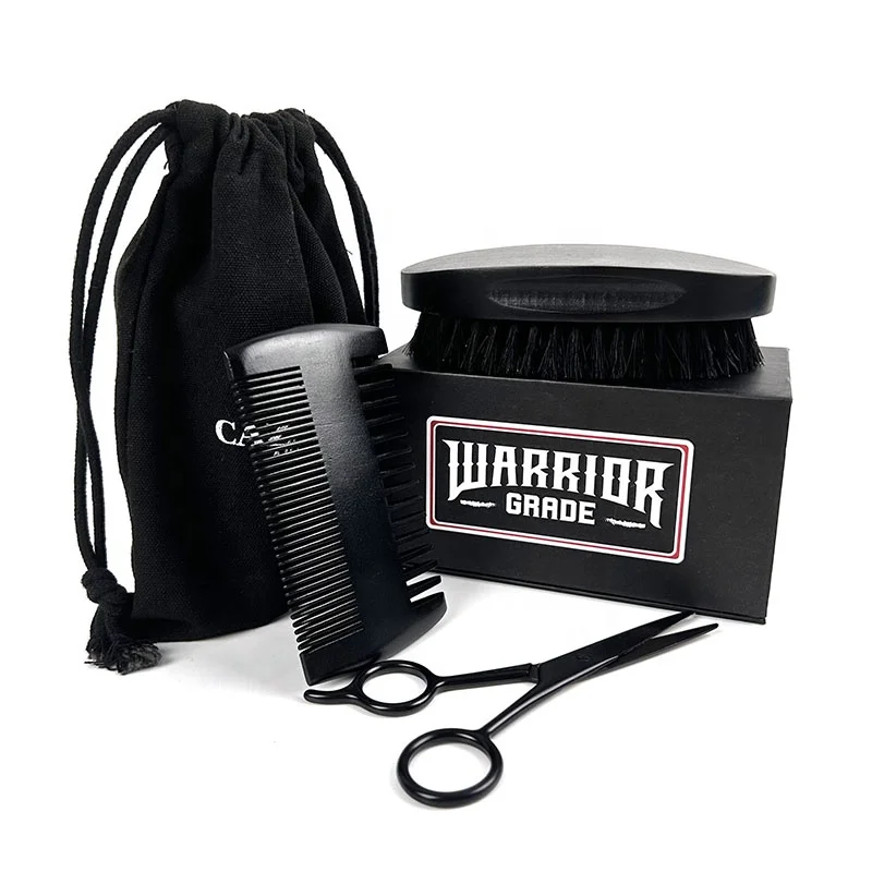 Gift Box / Bag 100% Natural Wild Boar Bristle Wooden Beard Brush Comb Kit Custom Logo Barber Salon Beard Brush And Comb Set