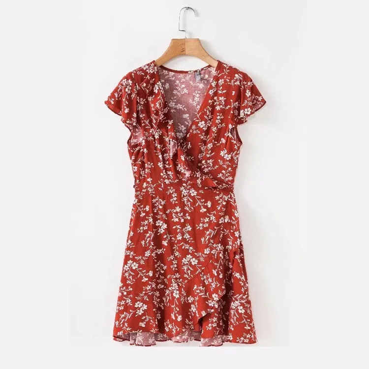 Bohemia Beach Dress V-Neck Floral Print Dress Sweet Ruffle Short dress