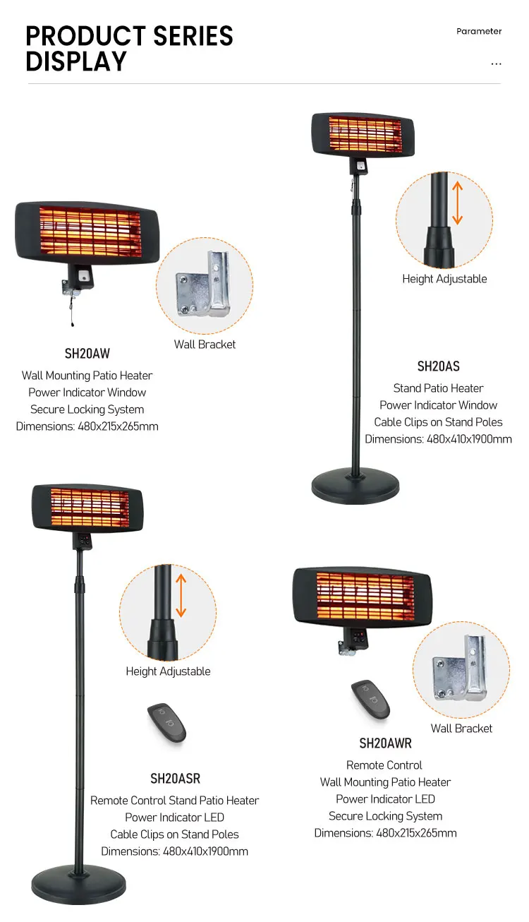 Quartz Outdoor Infrared Patio Garden Heater 2000W Electric Heater With Remote Control