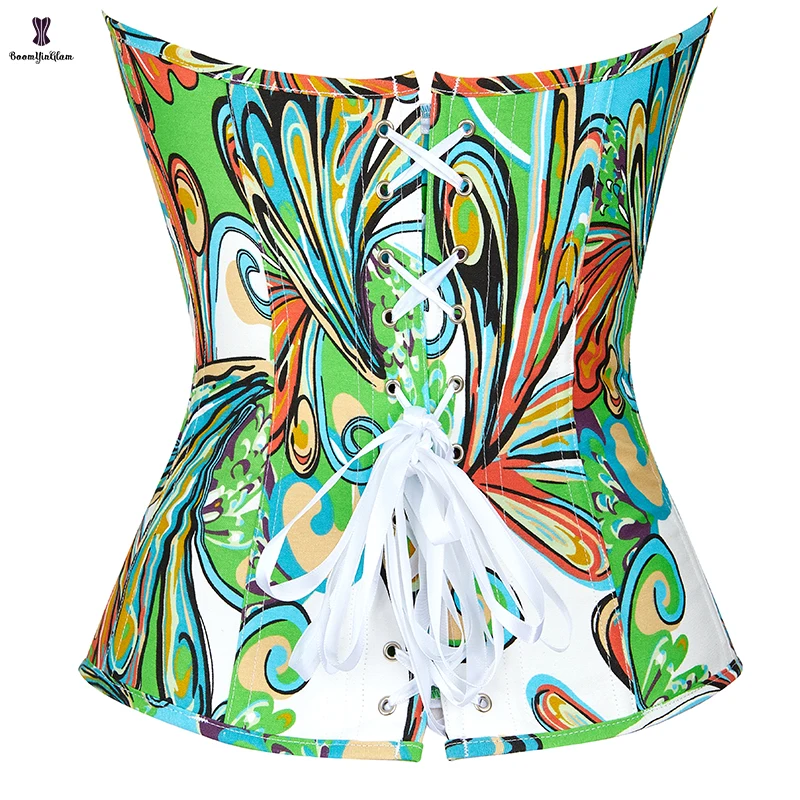 6 Brooches Closure Red Green Vintage Korsett Chest Binder Bustier Butterfly Print Overbust Corset Top For Women
