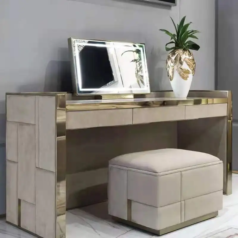 Modern space saving home bedroom furniture gold stainless steel frame leather dresser set dressing table