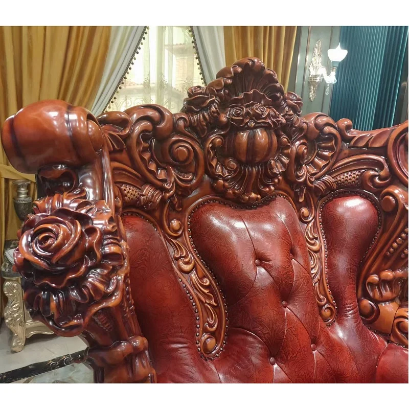 Classic wooden sofa set living room furniture,Full leather european classic luxury wooden carved sofa set