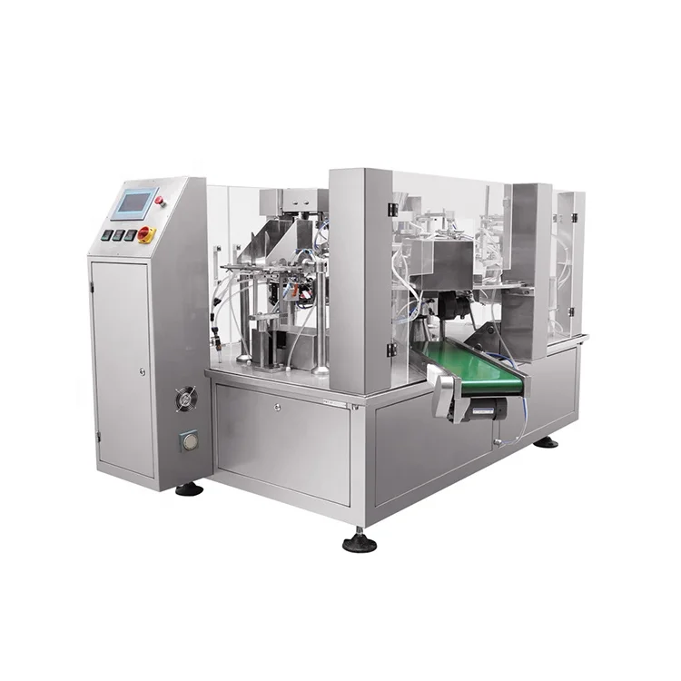 Automatic Mini Rotary Pre Made Zipper Stand Up Bag Pouch Doypack Powder Beans Chips Sauce Liquid Filling Sealing Machine