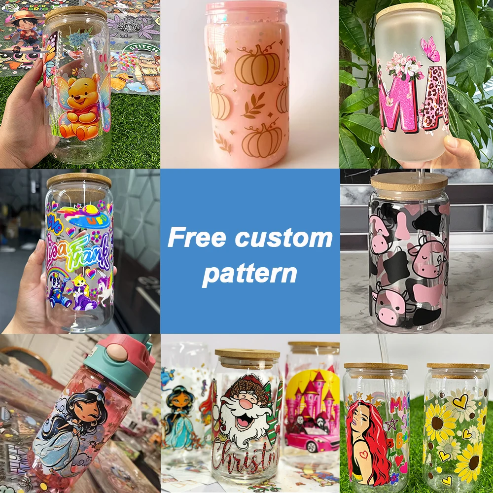 Factory Hot Sale Good Quality Ready To Ship Cartoon Transfer Logo Sticker Vinyl UV DTF Cup Wrap Transfers 16oz For Glass Cups