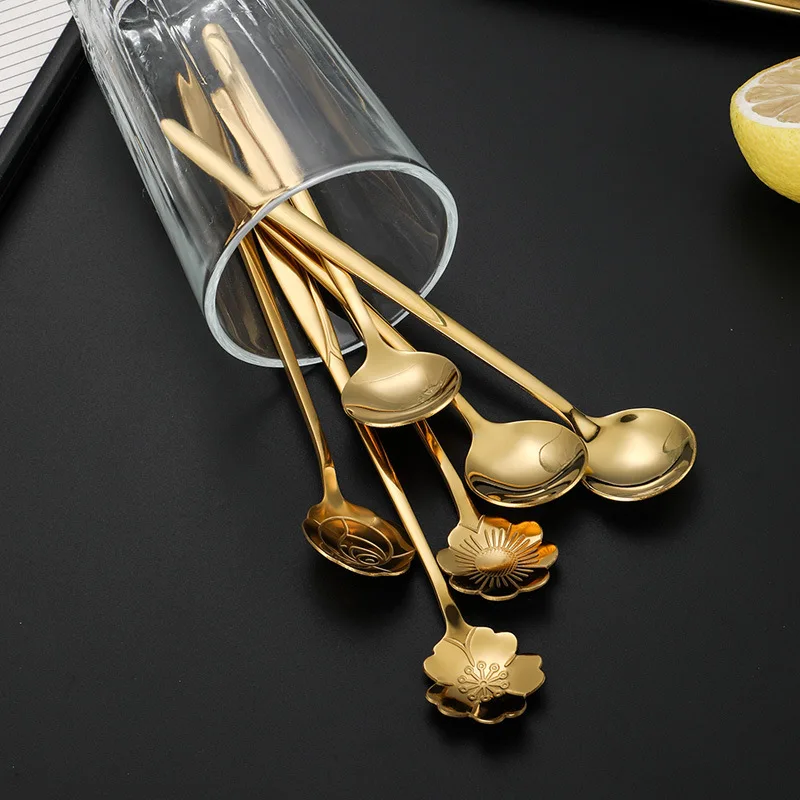 Stainless steel flower/suare/round shape gold dessert spoon tea spoon