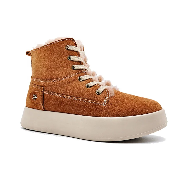 Womens Shearling Leather Sheepskin Classic Lace up Mid Calf Flat Fur Winter Snow Boots Lined Warm Anti-Slip for Outdoor cowsuede