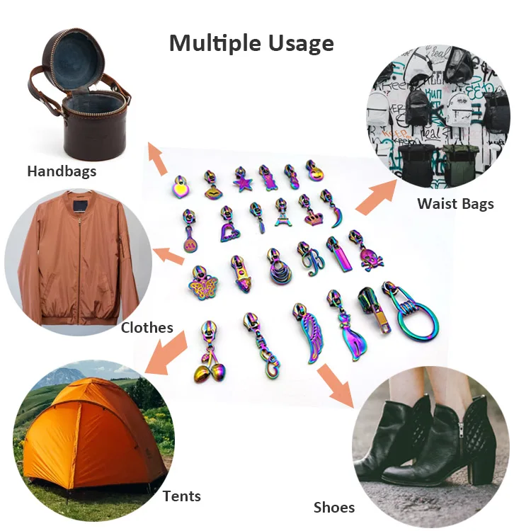 Rainbow-zipper-slider custom metal fancy bag zipper pulls head sewing slider puller for garment