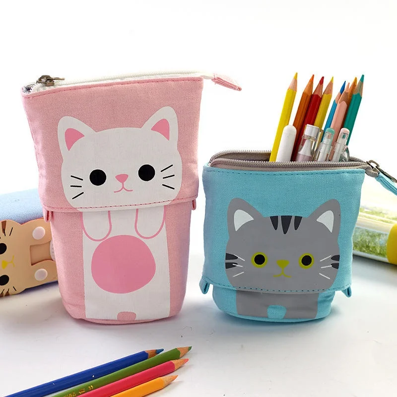 Cute Stand up Pencil Pouch Holder Pencil Bag Stationary for Girls Pencil Case Custom Logo Pop up Stretchable Canvas Pen Bag
