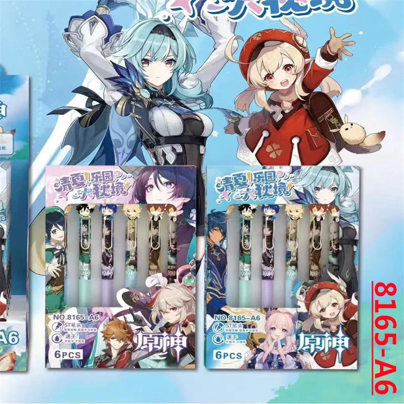 6Pcs kawaii Metal Doll Game Genshin Impact Cartoon Stationery Gel Pen Wanderer Tartaglia Barbatos Kaveh Zhongli Kaedehara Kazuha