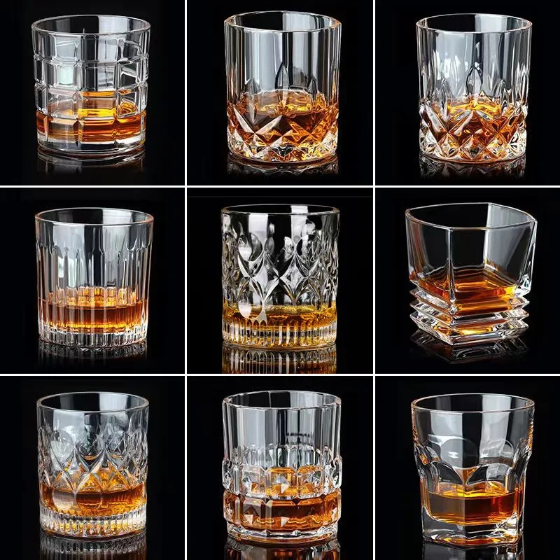 Jinbaijia custom unique shape high quality fancy sublimation round clear carved flat bottom glass whisky glass cup