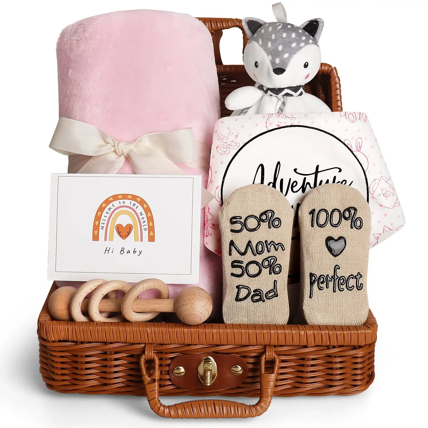 Baby Shower Gifts Basket Essential Stuff Baby Lovey Blanket Newborn Bibs Socks Wooden  Greeting Card Newborn Baby Gift Set