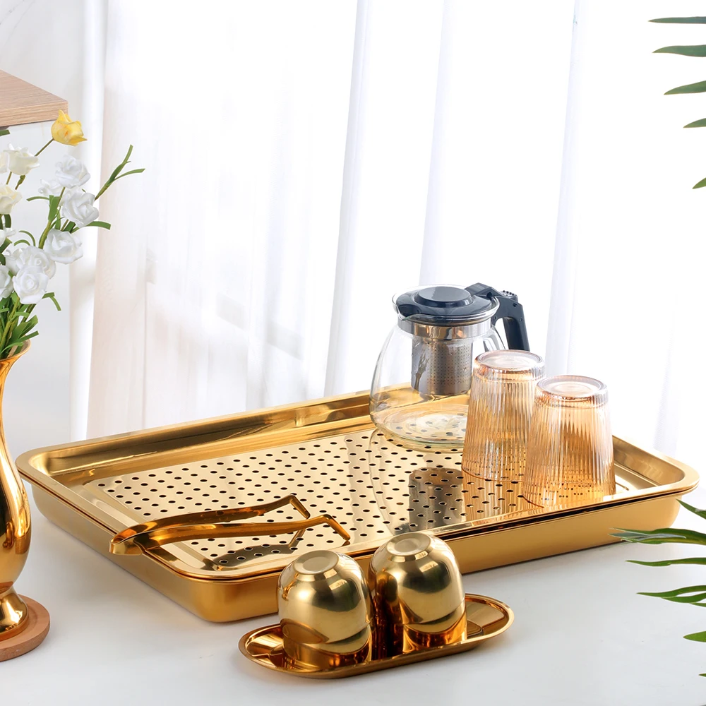 BAISHI Metal Drainage Tray Stainless Steel Rectangular Tea Tray Serving Tray With Holes