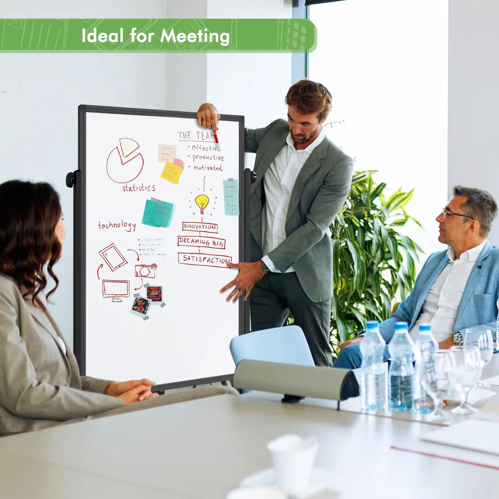 Height Adjustable Dry Erase White Board Standing Easel Whiteboard on Wheels Double-Sided Magnetic Mobile Whiteboard